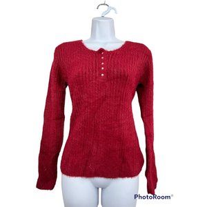 Women Fuzzy Knit Henley Sweater Sz‎ Med Red Wine Color Fitted Ribbed NWOT